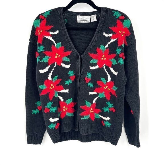 Vintage Northern Isles Christmas Cardigan Sweater Poinsettia & Mistletoe medium - Picture 1 of 5